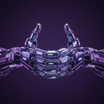 Futuristic Chrome Robot Hand Holding Finger with Metallic Technology Equipment and Industrial Machine Power Background