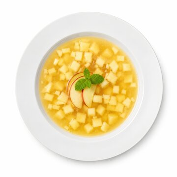 &Ouml;sterreichische Apfelsuppe mit feinen Apfelw&uuml;rfeln und frischer Minze auf wei&szlig;em Teller, freigestellt vor wei&szlig;em Hintergrund. Traditionelles Dessert oder Vorspeise in hochwertiger Studioaufnahme.