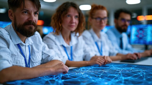 Network threat analysis team running simulation in modern operations center