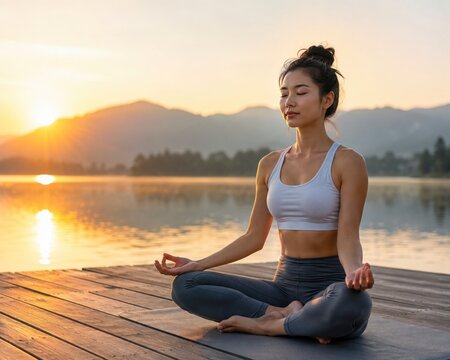 Serene young Asian woman meditating in lotus pose by a calm lake at sunrise