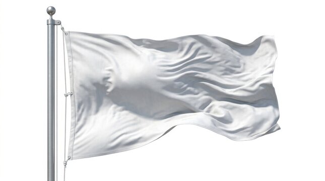 A plain white flag waving on a metal pole against a clear background representing peace or a blank canvas for design isolated on white background