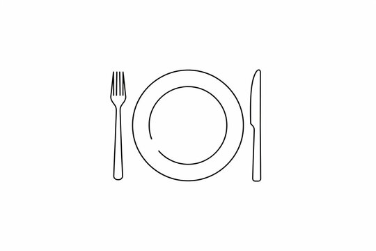 Minimalist line drawing of plate fork and knife place setting with tableware, minimalist
