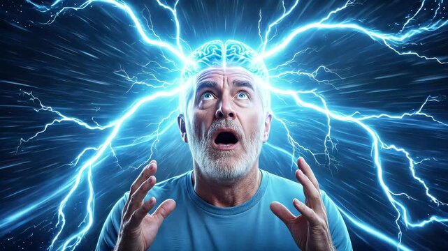 Surprised senior man with glowing brain and electric energy bolts. Concept of neurological activity and cognitive power. Medium shot with panning and tilting camera movement.