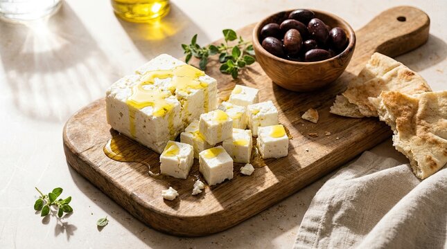 Fresh feta cheese cubes on wooden cutting board with olives and pita bread