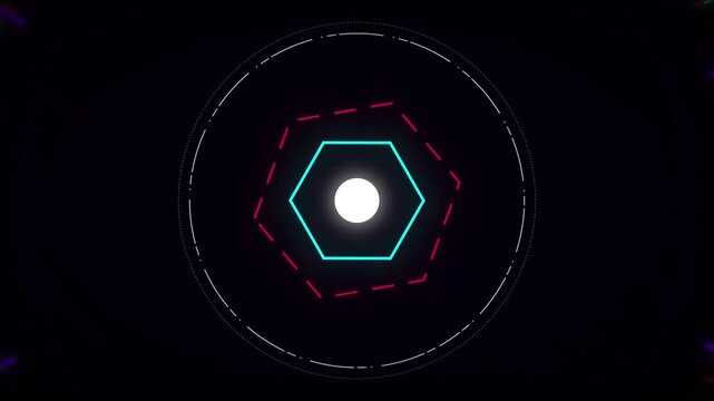 Seamless loop futuristic AI core HUD. Abstract glowing neon hexagon cyber portal for quantum computing, big data analysis, cyber security systems, and B2B enterprise software motion background.