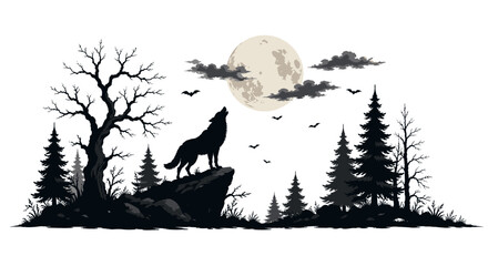 Fototapeta premium Spooky Halloween night forest scene with howling wolf, full moon, haunted trees, bats and dark woodland isolated on transparent background 