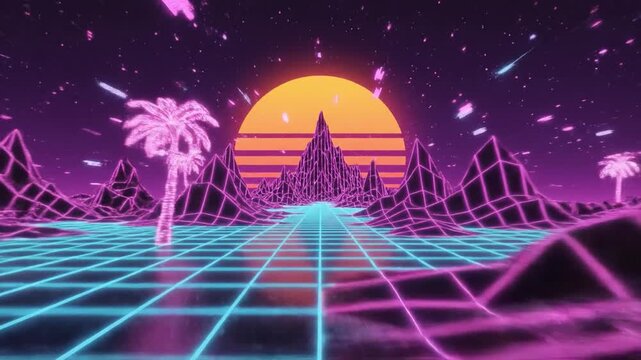 Retro synthwave landscape with neon wireframe mountains and glowing sun in 80s aesthetic