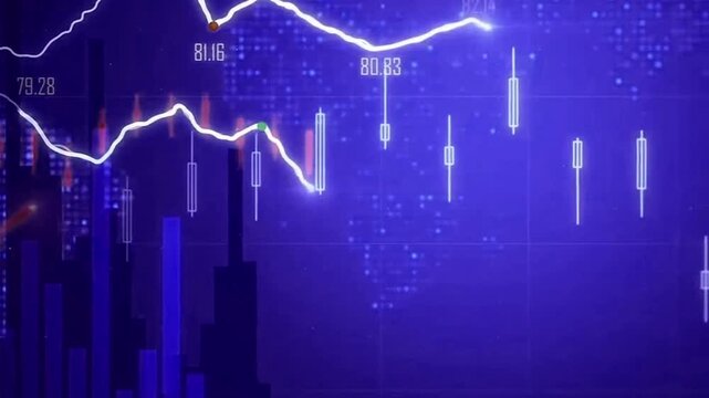 Stock chart shows candlestick data. Green and red bars, up and down trends, with glowing lines