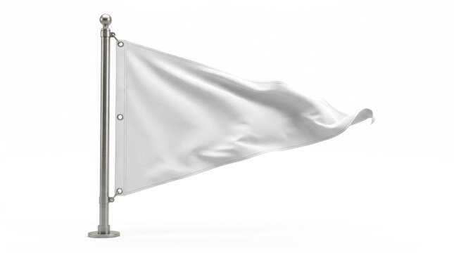 Blank white triangular flag waving on a silver metal pole isolated for branding design mockup and advertising display isolated on white background