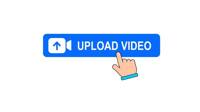 Upload Video Button Click Animation With Hand Cursor Isolated On White Background. Modern Flat Design. Upload Arrow And Camera Icon 