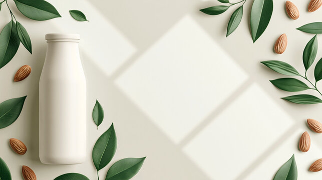 White glass milk bottle surrounded by green leaves and almonds on a light background with geometric shadows creating a modern, clean aesthetic