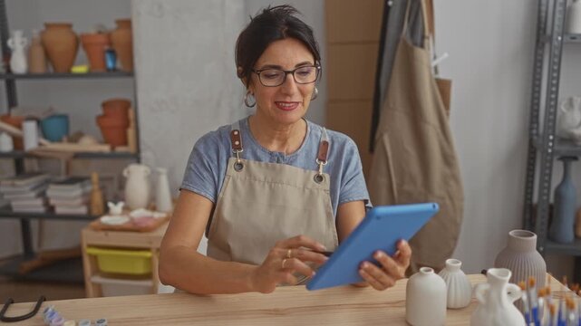 Woman tapping tablet with stylus and right hand while surrounded by ceramic vases and tools in a pottery studio; creative focus.