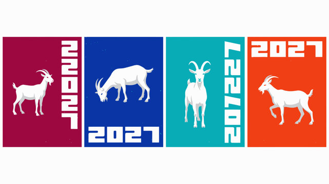 A colorful graphic design featuring four distinct panels with white goats and the year twenty twenty one written in a modern bold block font