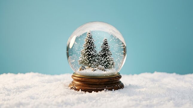 Glass snow globe with pine trees standing in fresh snow snowglobe christmas