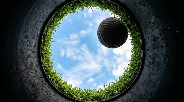 Unique low-angle view from inside a golf hole as a dark silhouette of a ball drops down against a vibrant blue sky.
