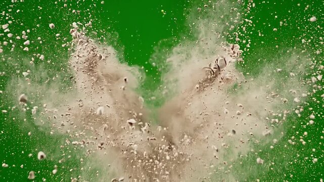 White Beige Sand Flour Powder Explosion on Green Screen Chroma Key