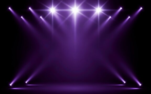 Purple stage spotlights on dark background, dramatic theater lighting with bright lens flares, empty concert floor with violet light beams