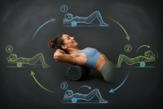 Foam Rolling Woman on Blackboard for Recovery and Core Fitness