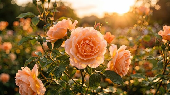Soft peach roses blooming in garden at sunset with golden hour, rose garden