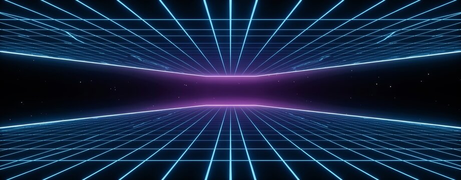 Retro futuristic synthwave grid background, neon blue and purple laser wireframe landscape, 80s style digital cyber space horizon