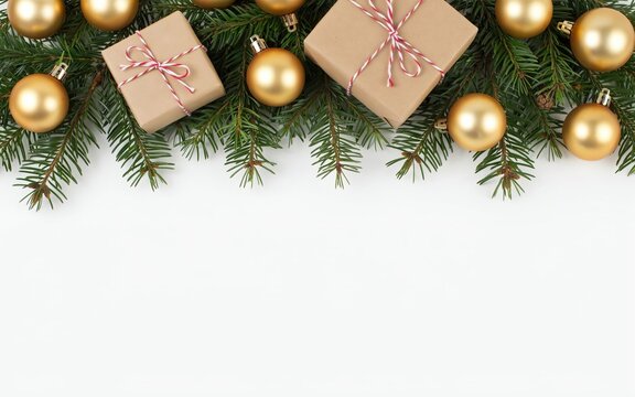 Christmas border with gold baubles and gift boxes on fir branches, festive holiday background with copy space, elegant winter celebration frame