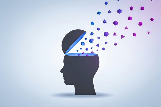 Flat vector of open human head with geometric shapes rising, symbolizing AI-driven creative thinking
