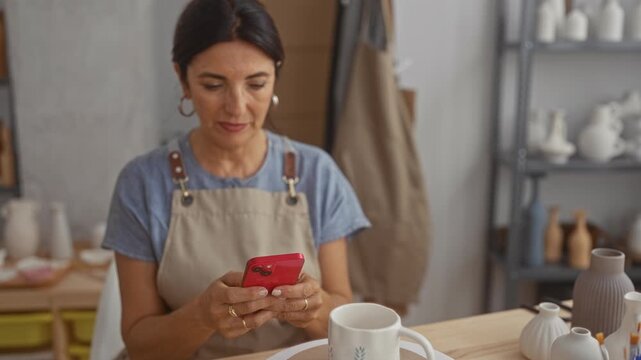 Woman texting on smartphone with hands holding phone above ceramic mug and tools in pottery studio with shelves of vases and apron; calm focus.