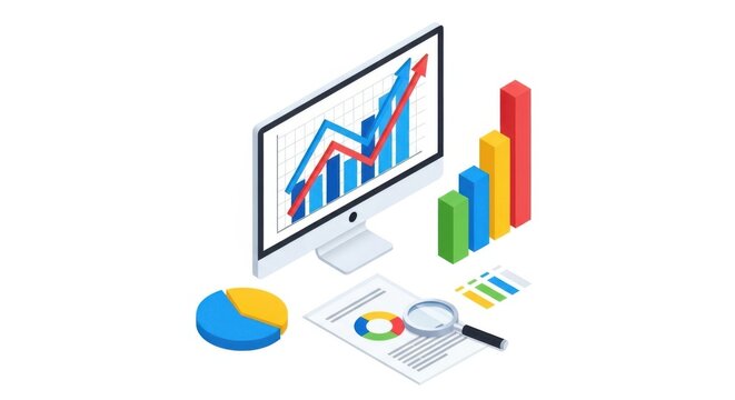 Isometric illustration of financial data analysis tools isolated on white background isolated on transparent background