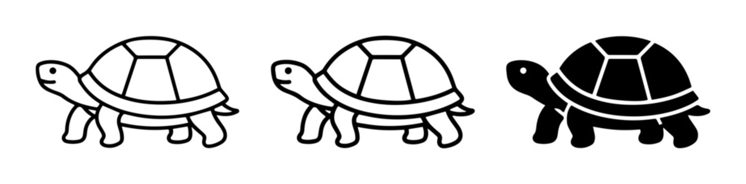 3 turtle icons, outline solid styles, representing speed comparison, slow and fast movement, UI and web interface design