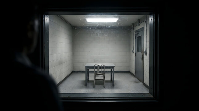 Detective watching suspect through glass in a dark interrogation room