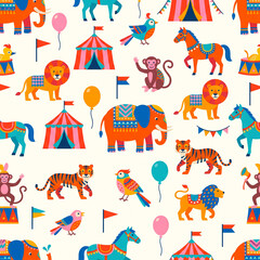 Fototapeta premium Circus Fun: A vibrant and whimsical pattern featuring playful circus animals, tents, and balloons, evoking a sense of joy and entertainment.