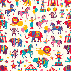 Fototapeta premium Vibrant Circus Carnival: A lively and colorful seamless pattern featuring a whimsical collection of circus animals, performers, tents, and stars, evoking a sense of fun and entertainment.