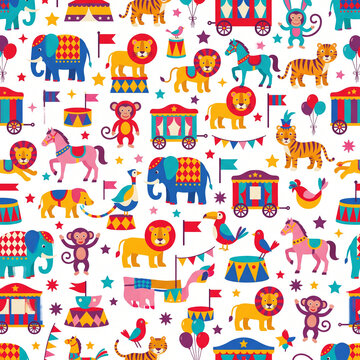 Circus Fun Pattern: A vibrant and playful pattern featuring a whimsical collection of circus animals, colorful tents, and festive elements, perfect for children's designs or any joyous occasion.