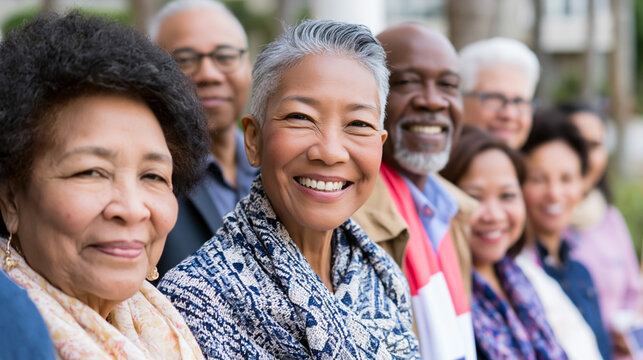 Group of diverse senior adults smiling together outdoors, showcasing a range of hairstyles and clothing styles, with greenery and blurred background elements enhancing the scene