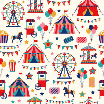 Carnival Dreams: A vibrant and whimsical pattern filled with classic carnival elements like Ferris wheels, carousel horses, circus tents, popcorn stands, and colorful balloons.
