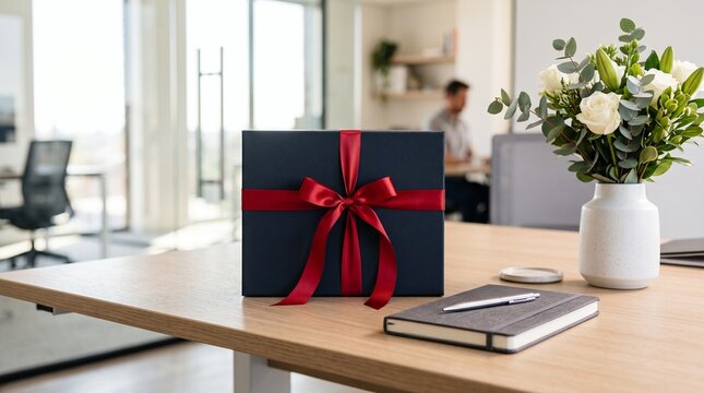 Corporate gift box with red ribbon on office desk for employee appreciation and client rewards
