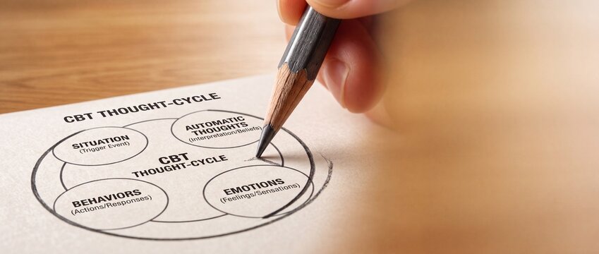 Cognitive behavioral therapy thought cycle diagram on paper with person pointing pencil at emotions section for mental wellness.
