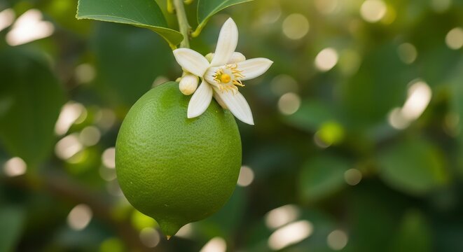 Close-up of a green lemon growing on a tree branch with a white citrus blossom and bokeh foliage background