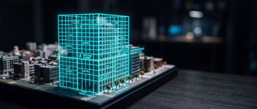 Real estate tokenization concept with glowing digital grid overlaying miniature city building model showing fractional ownership.