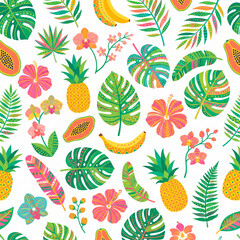 Naklejka premium Tropical Paradise Pattern: A vibrant and playful pattern featuring exotic fruits like pineapple, papaya, and banana, alongside tropical flowers and lush foliage.