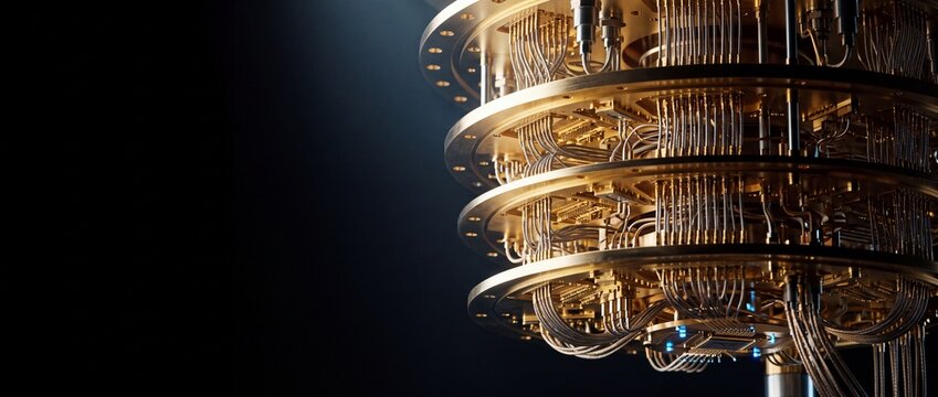 Quantum computer processor with complex wiring and golden components against a dark, dramatic background.