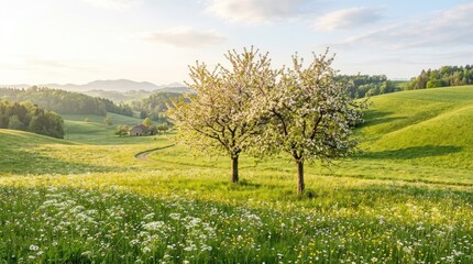 Fototapeta premium Blooming fruit trees in sunny green meadow during spring with landscape