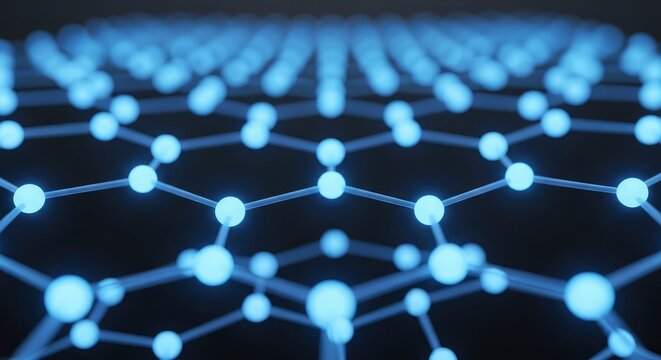 Abstract Blue Glowing Hexagonal Molecular Structure, 3D Rendering of Graphene Lattice or Nanotechnology Network