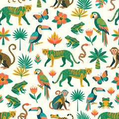 Obraz premium Jungle Fiesta: A vibrant and playful seamless pattern featuring a colorful collection of jungle animals, tropical foliage, and exotic flowers, perfect for children's designs.