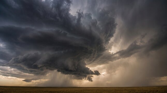 Dramatic supercell thunderstorm clouds gathering over a flat prairie landscape during a dark and moody sunset