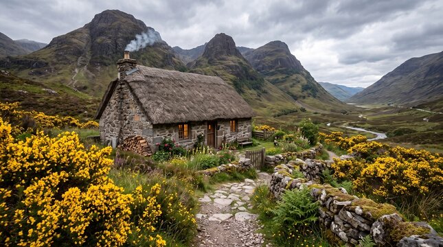 A traditional stone cottage with a thatched roof nestled in the dramatic, mountainous landscape of Glencoe, Scotland, surrounded by vibrant yellow gorse flowers and a winding stone path.