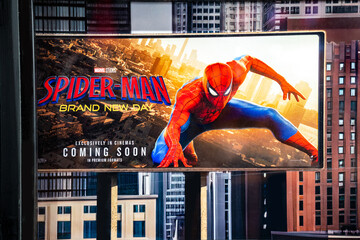 Fototapeta premium Bangkok, Thailand - August 3, 2025 : Billboard advertising the film Spider-Man: Brand New Day in the lobby of the Major Cineplex Siam Paragon.