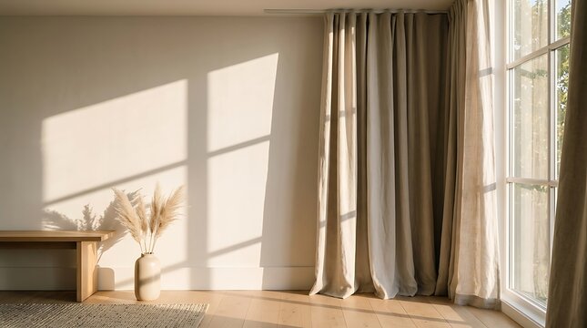 Modern living room interior with grey curtains hanging by a bright window casting soft light shadows on the wall