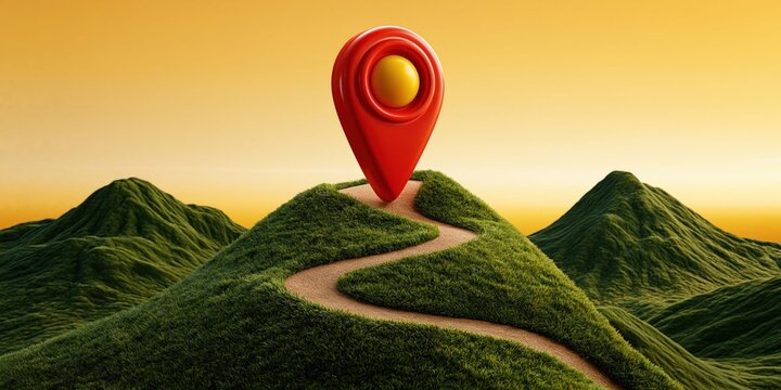 Location symbol on scenic mountain peak illustration