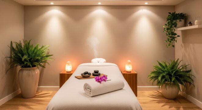 Serene Spa Treatment Room with Massage Table, Himalayan Salt Lamps, and Lush Green Plants
